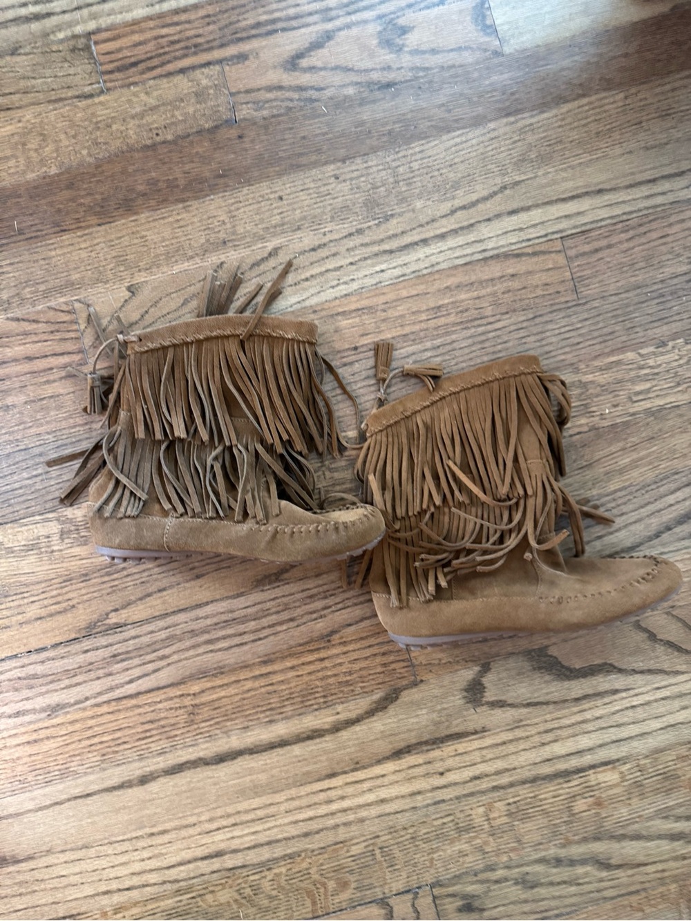 Minnetonka Triple Fringe Suede Ankle Booties - Brown